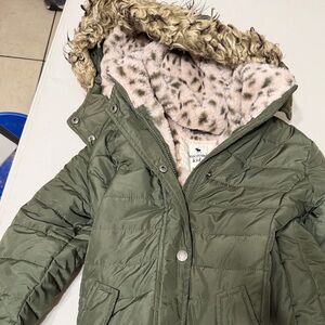 Abercrombie Kids Olive Puffer Jacket with Faux Fur
